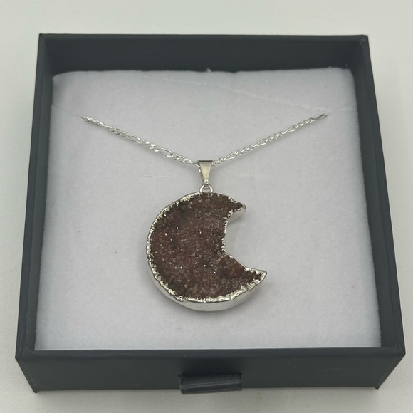 Red Amethyst Silver Plated Crescent Moon Pendant Necklace on Figaro Chain - Picture 10 of 11